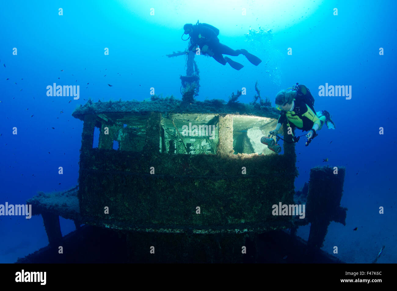 Shipwreck MV Cominoland and scuba diver, Xwejni-Bay, Gozo, Malta, South Europe, Mediterranean Sea Stock Photo
