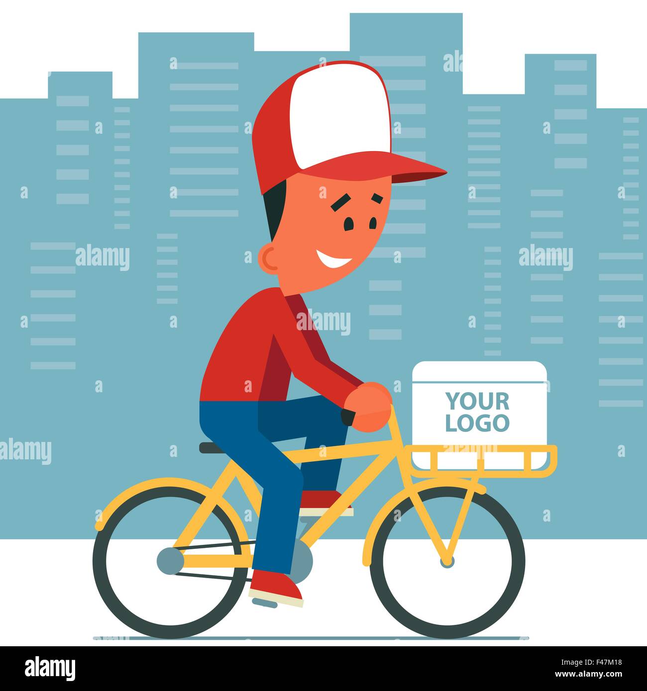 Delivery service. Cartoon young man riding a bicycle with delivery box ...