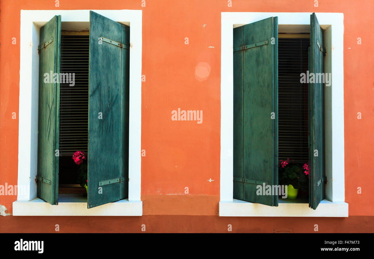 Door, Window, Orange Shutter, Old, Fame, House, Blue, Green, Brown, Steps, Shutters, Windows, Colour, Color, Colours, Colors, Stock Photo