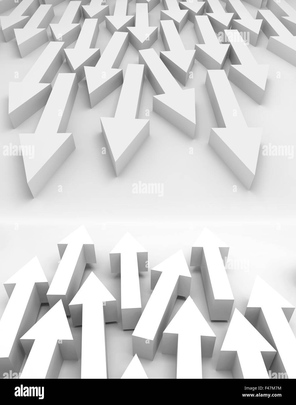 Abstract 3d illustration with large groups of white arrows going towards each other Stock Photo
