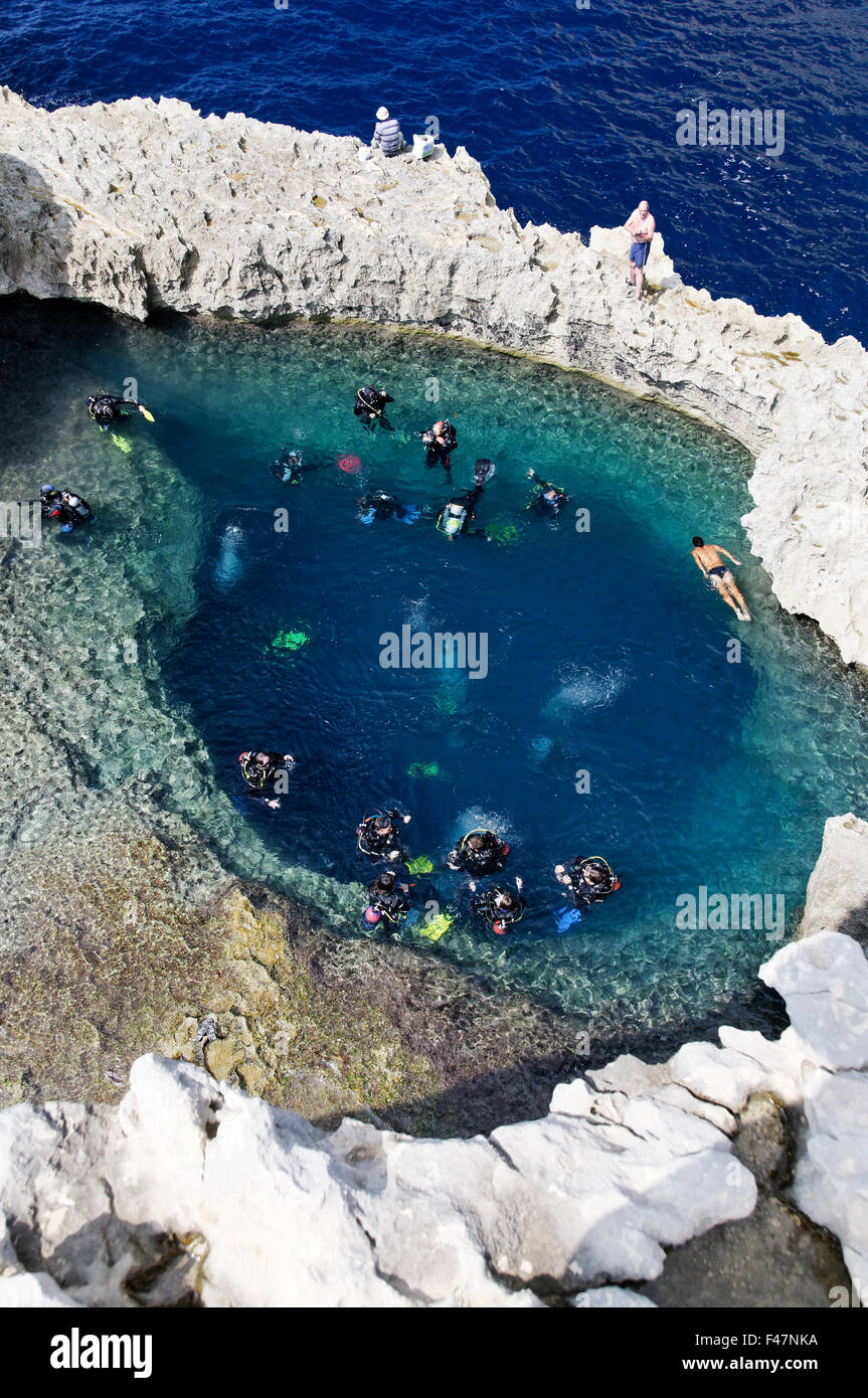 Blue Hole and scuba diver, Gozo, Malta, South Europe, Mediterranean Sea Stock Photo