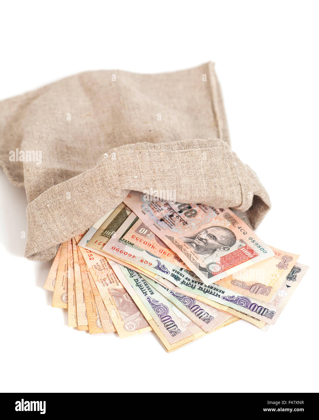 Money bag with Indian Currency Rupee bank notes on white background