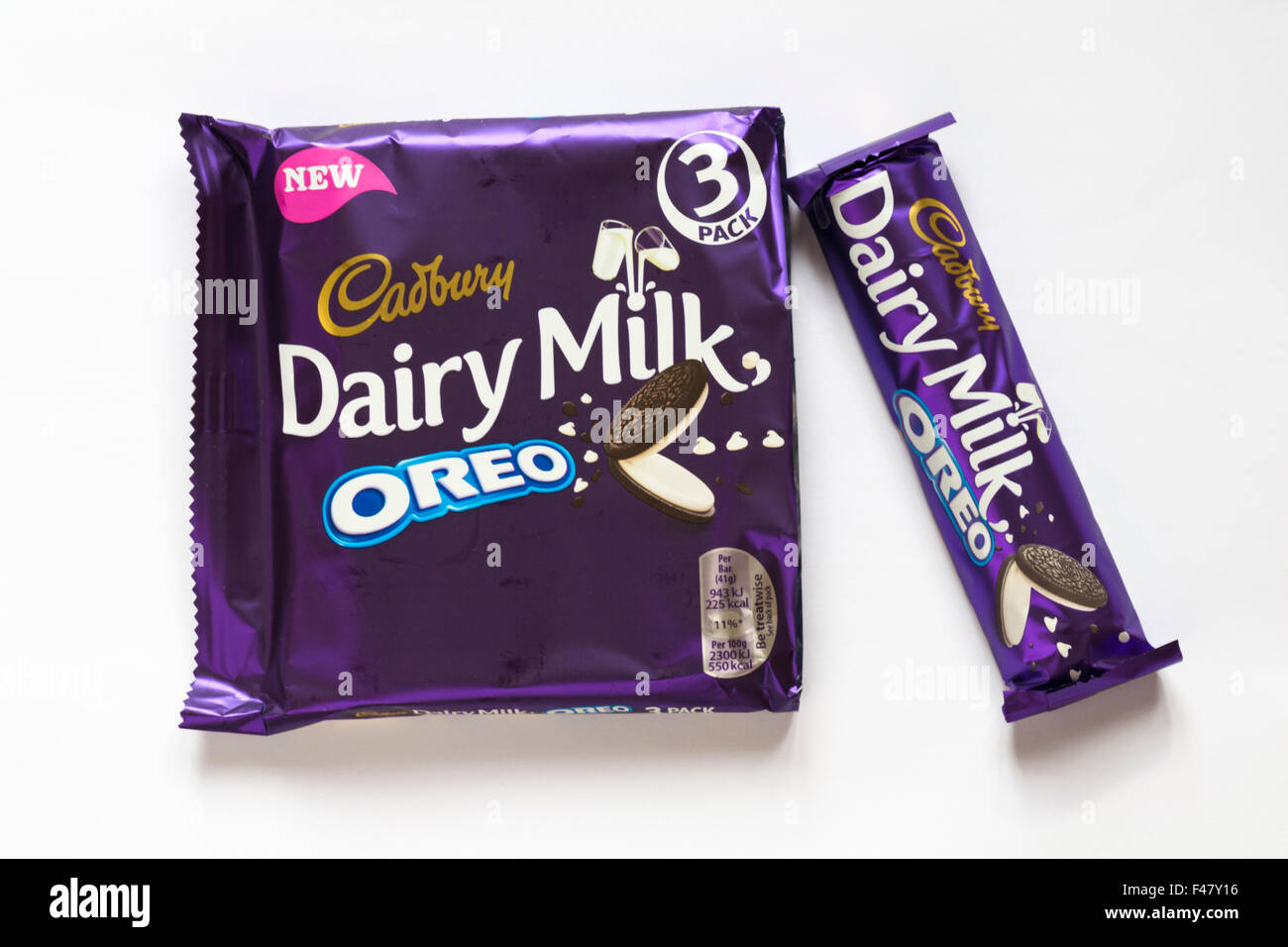 Cadbury Dairy Milk Oreo chocolate bars isolated on white background