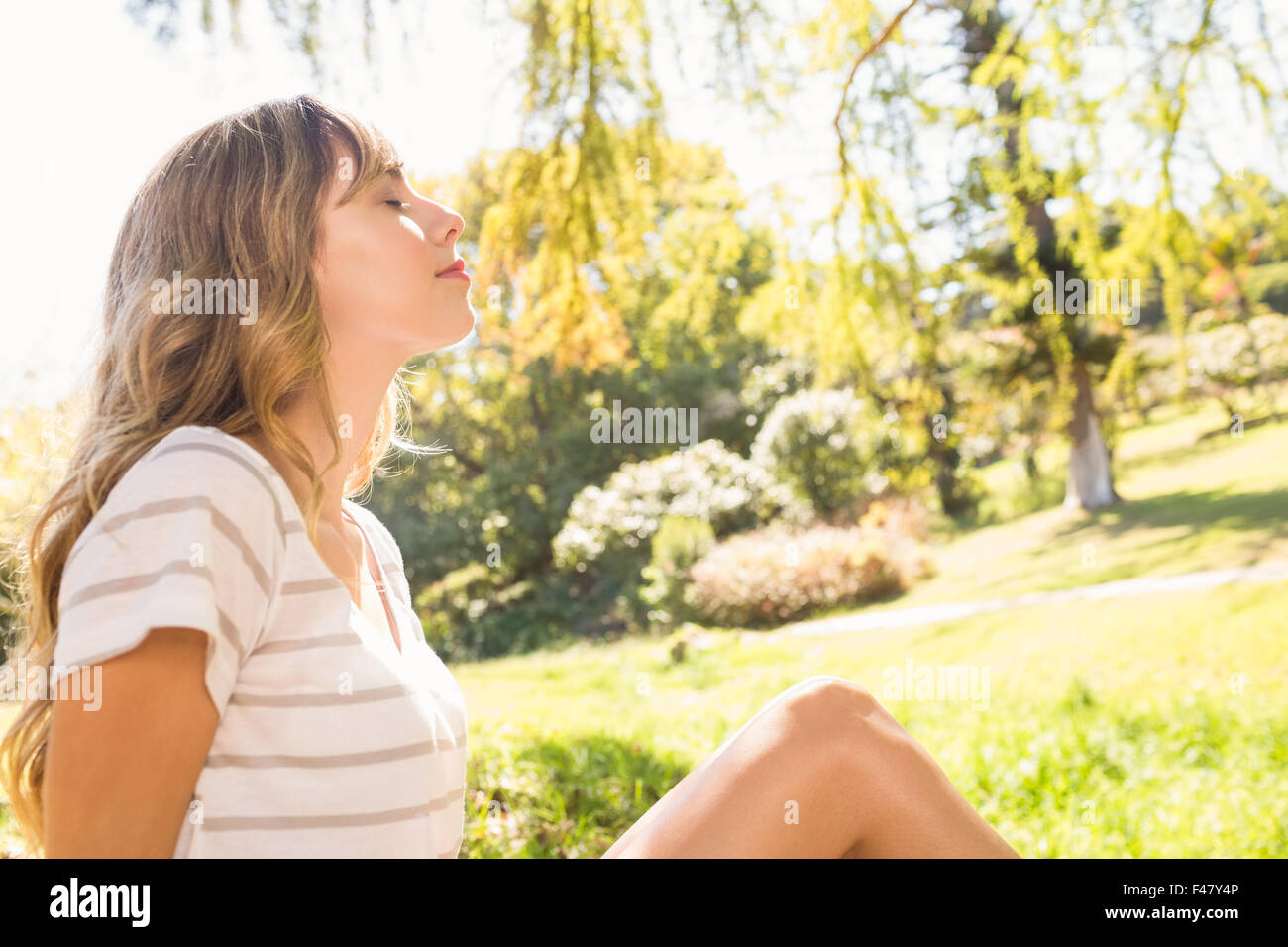 Smiling blonde relaxing in the grass Stock Photo - Alamy