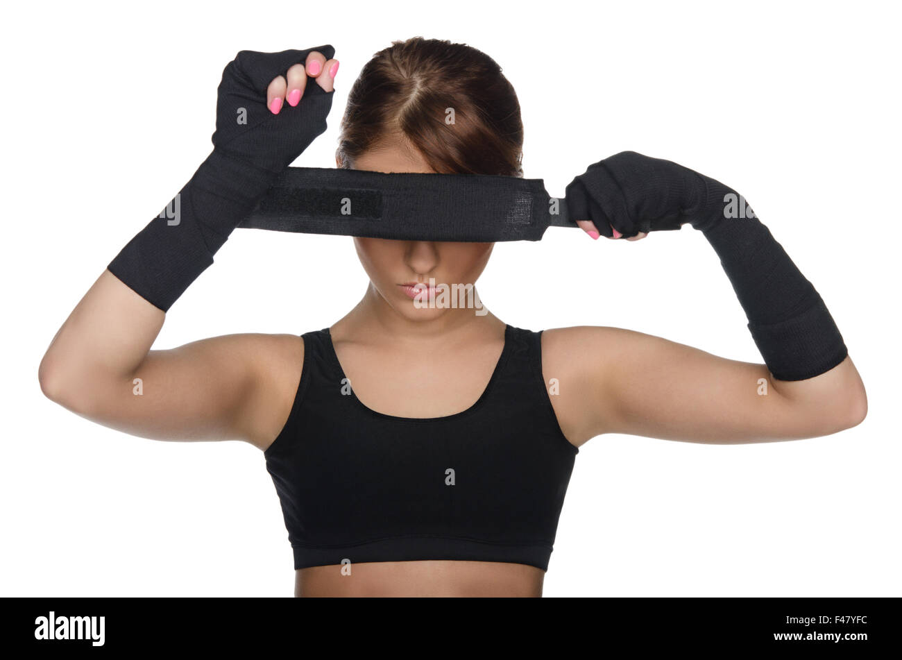 Woman covering her eyes boxing bandages Stock Photo