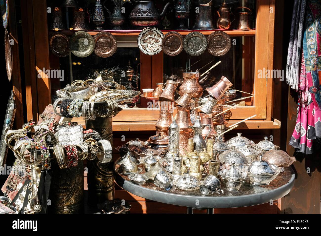 Craftwork, especially sets for bosnian coffee, made and sold in Sarajevo's old town 'Bascarsija'. Stock Photo