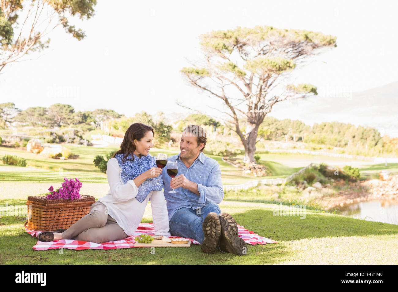 Cute couple drinking wine in a park Stock Photo - Alamy