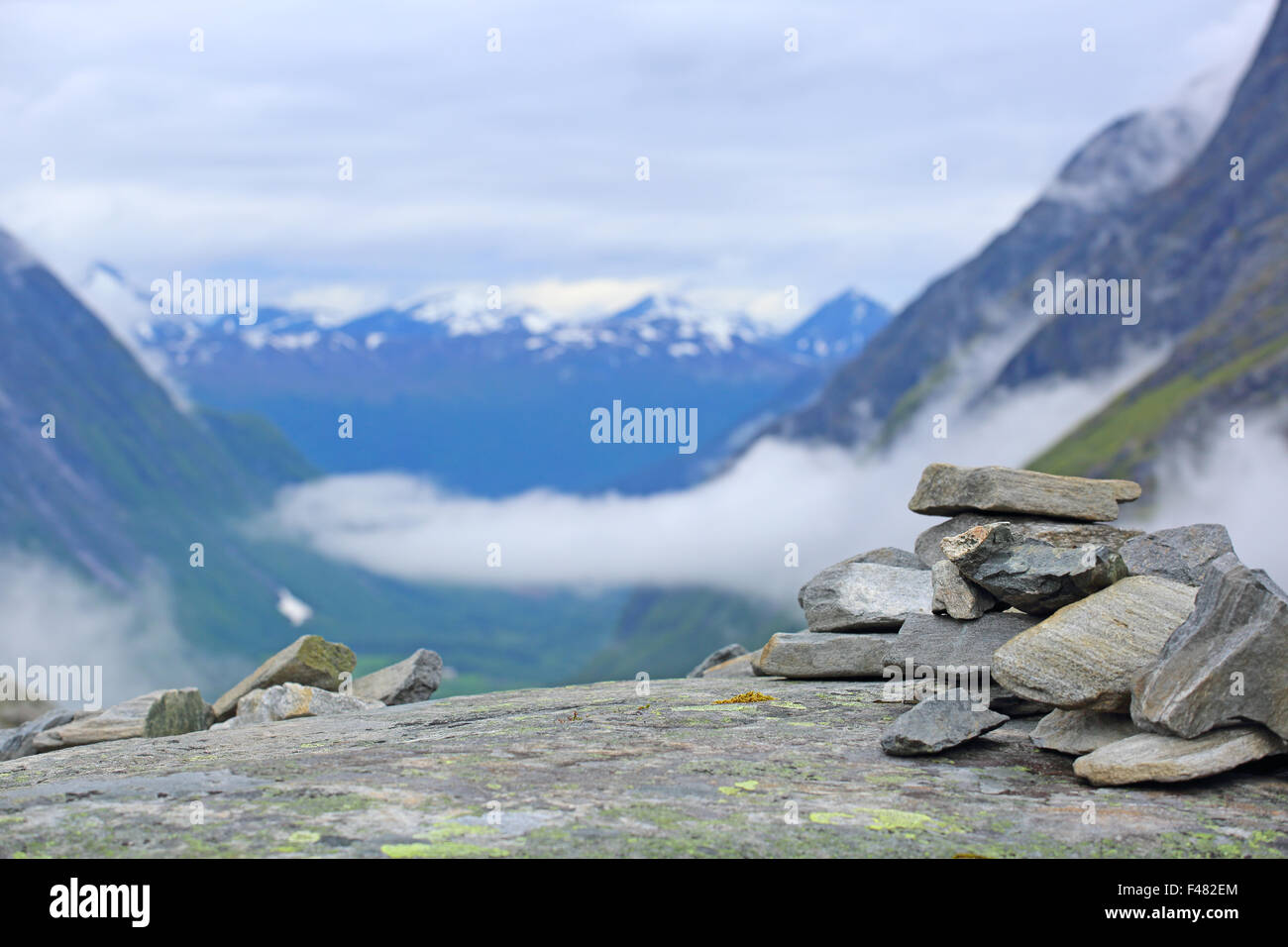 Stack Of Rocks Stones on mountain background, Norway Nature Stock Photo