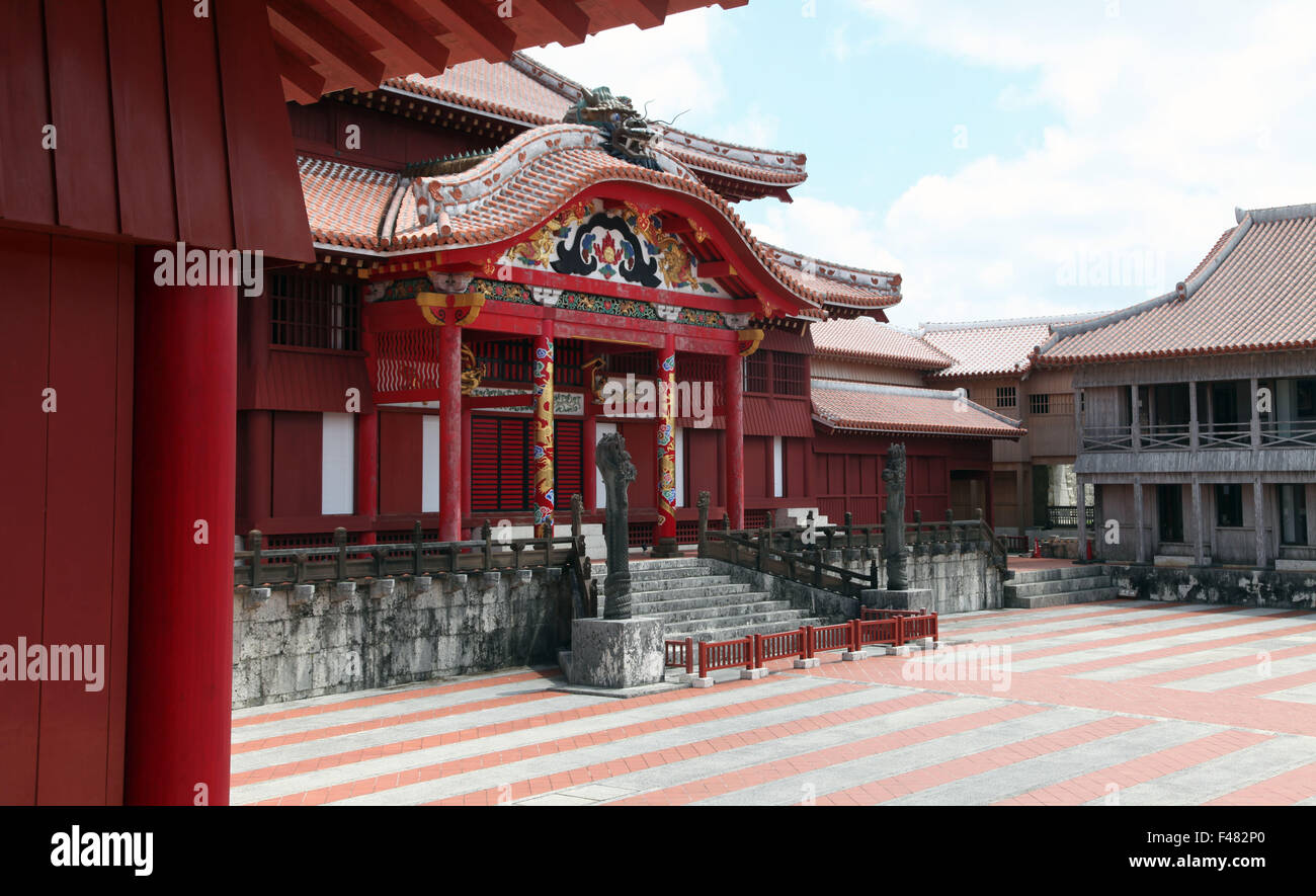 It's a photo of the Shuri Castle in Naha, Okinawa prefecture, Japan. It's a typical cultural castle in japanese style in red Stock Photo