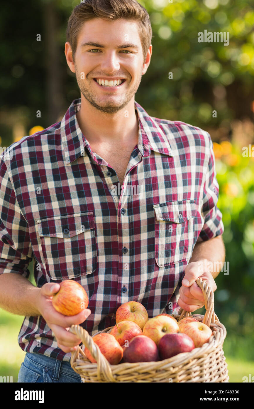 Happy farmer holding basket of apples Stock Photo - Alamy
