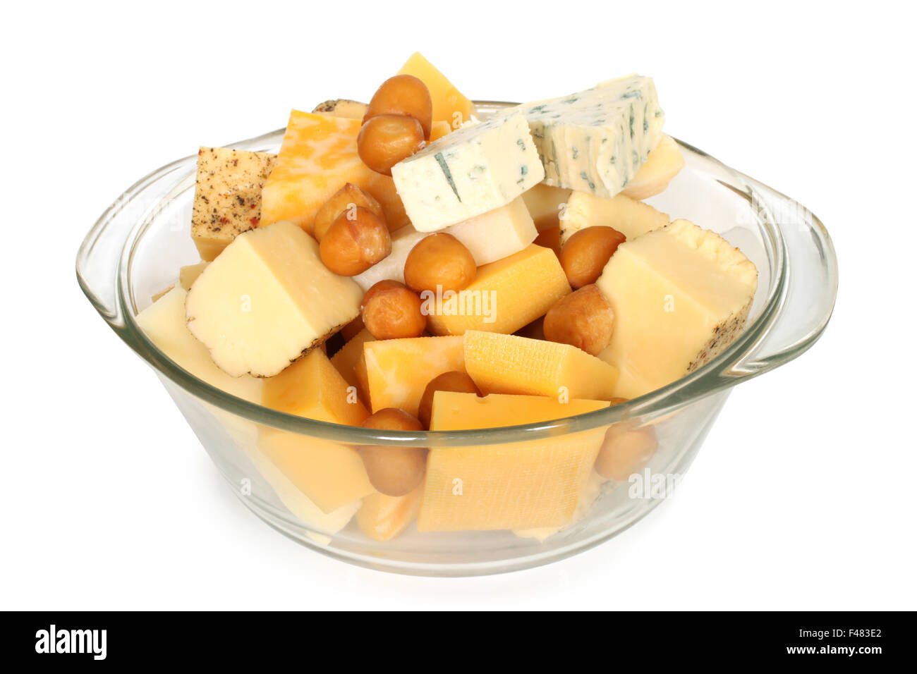 Various types of cheese in glass bowl Stock Photo