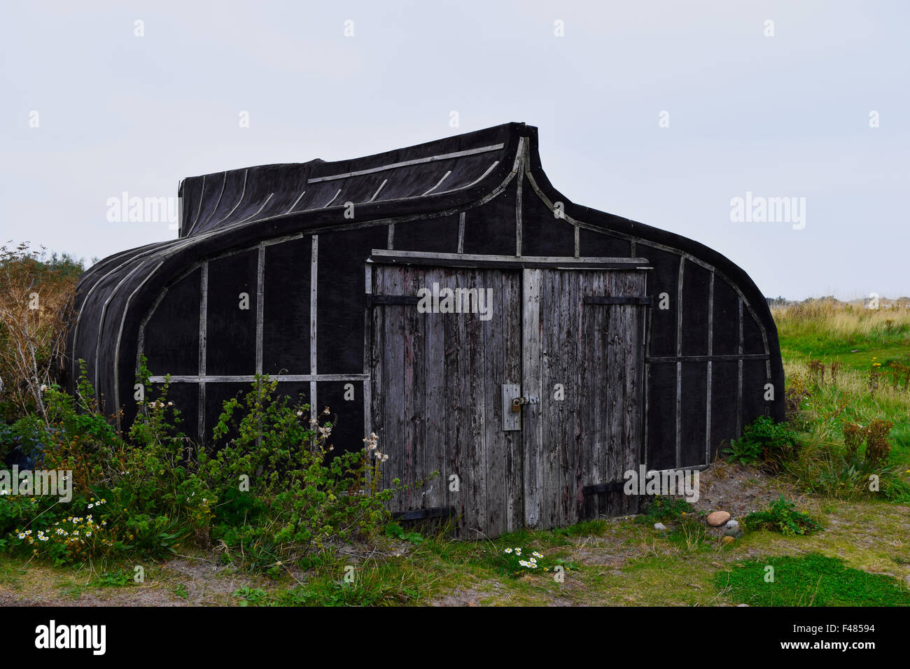 Boat shed on Lindisfarne, Northumberland. Stock Photo