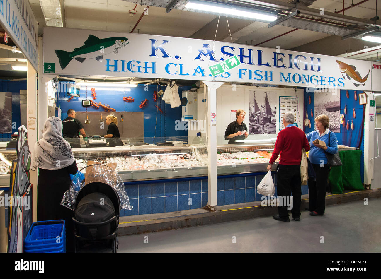 Fish monger at Indoor market, Luton's Market in The Mall, The Mall