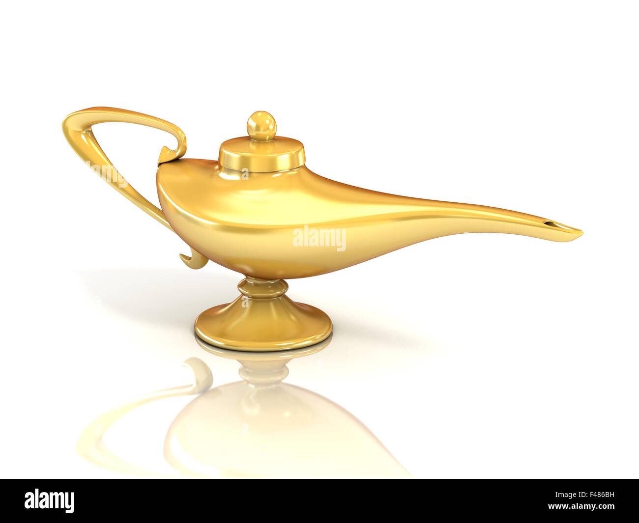 Aladdin ornate brass oil genie lamp with handle on a round