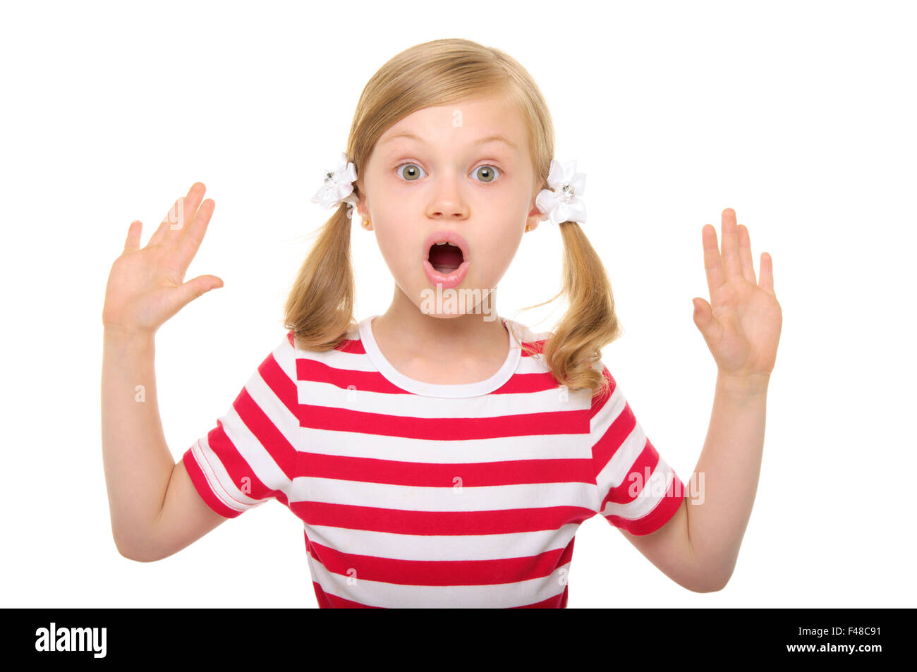 surprised girl with hands up Stock Photo