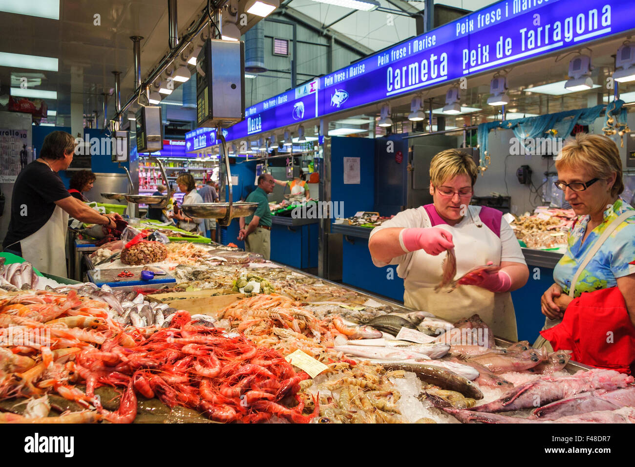 Colourful fresh seafood on display inside the central market of