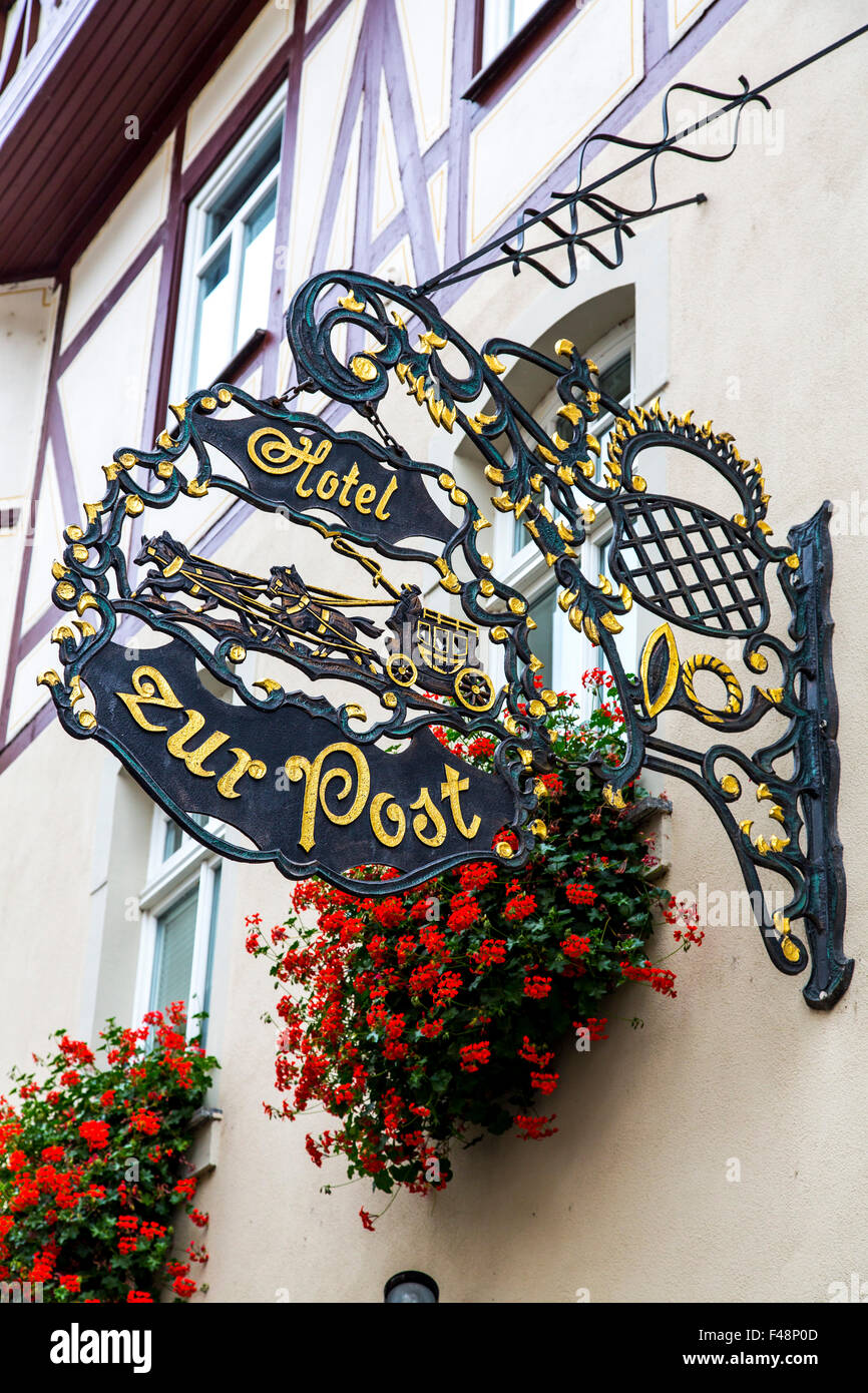 Sign of Restaurant, wine bar, Hotel, in Bacharach, Upper middle Rhine valley, Germany Stock Photo