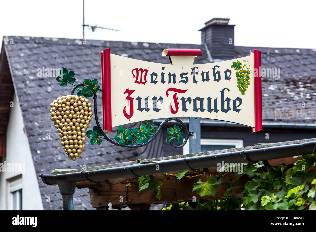 Sign of Restaurant, wine bar, Hotel, in Bacharach, Upper middle Rhine valley, Germany Stock Photo