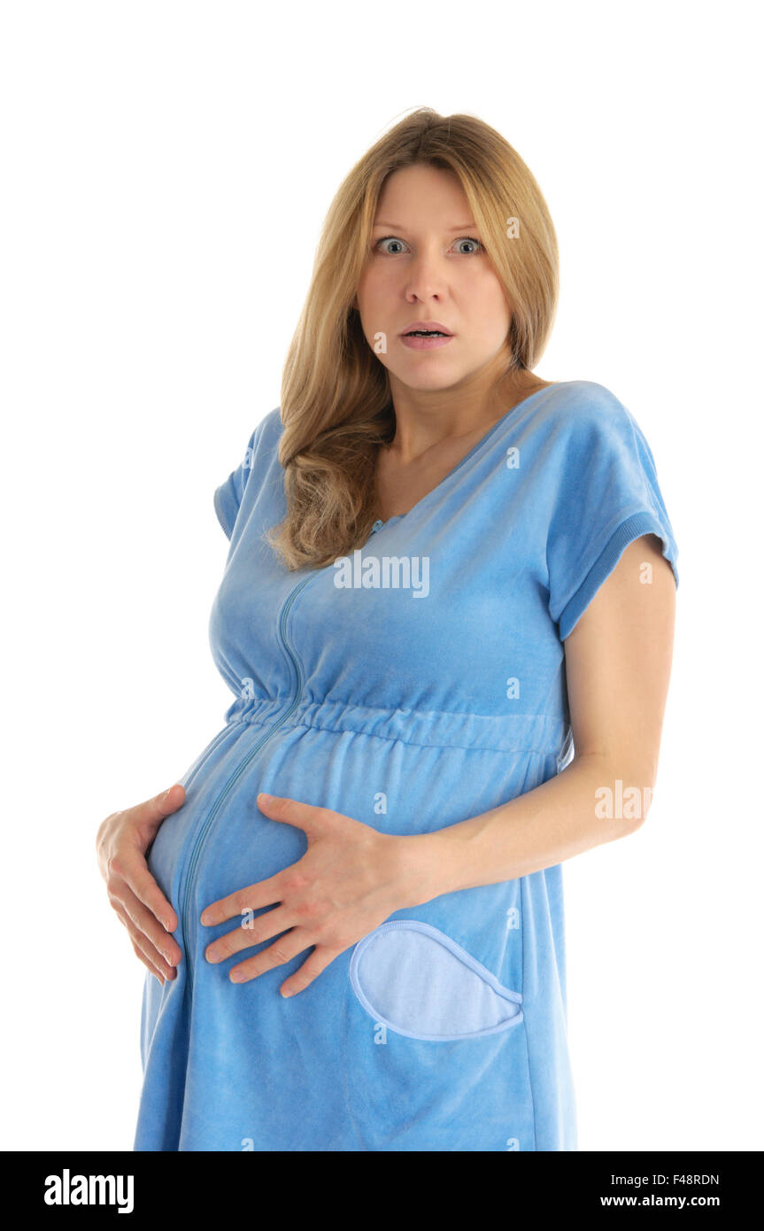 astonished pregnant woman in bathrobe Stock Photo