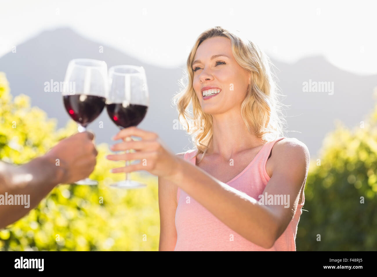 Smiling blonde woman raising wineglass to her man Stock Photo - Alamy