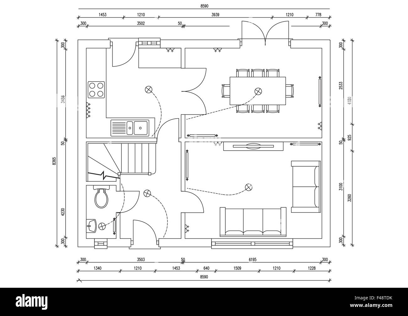 Blueprint plan of 3 bedroom house Stock Photo - Alamy