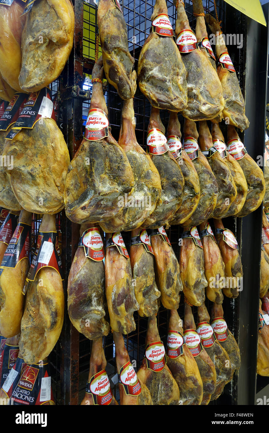 Cured hams Jamon Iberico iberian Ham Hanging in Spain Spanish