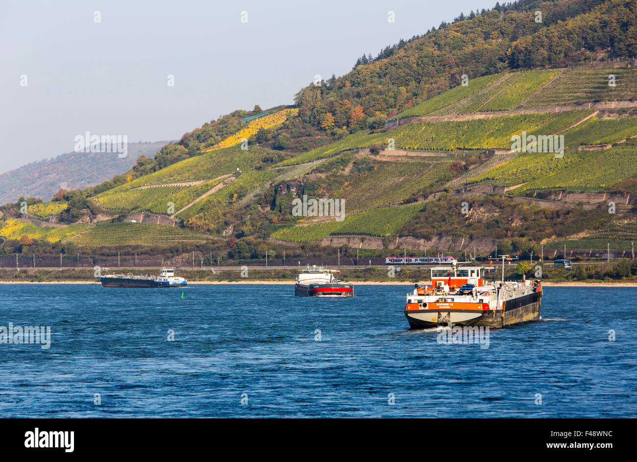 Spedition Rheingau Cargo ships on the Rhine, Rheingau, UNESCO World heritage site, Upper ...