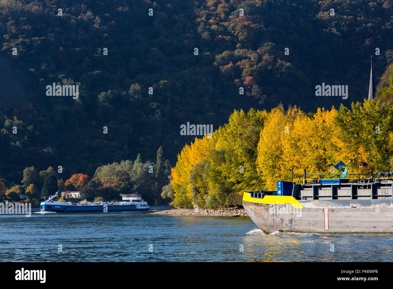 Spedition Rheingau Cargo ships on the Rhine, Rheingau, UNESCO World heritage site, Upper ...