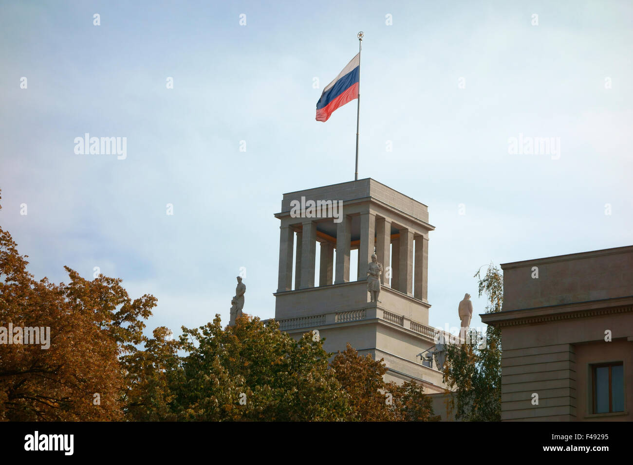 Russian flag above the Russian Embassy building, Unter den Linden, Berlin, Germany Stock Photo