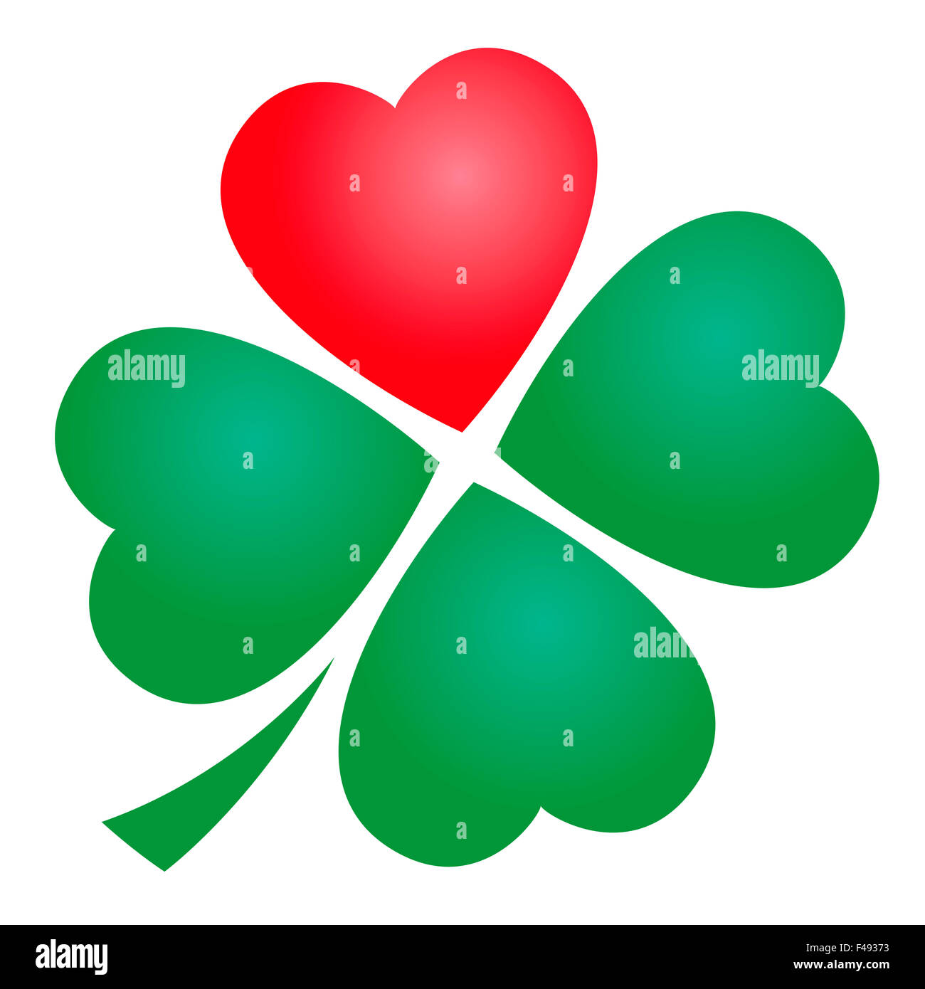 Four leaved clover with one red heart. Illustration over white background. Stock Photo