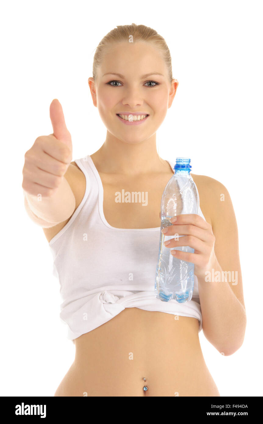 contented woman holding a water bottle Stock Photo