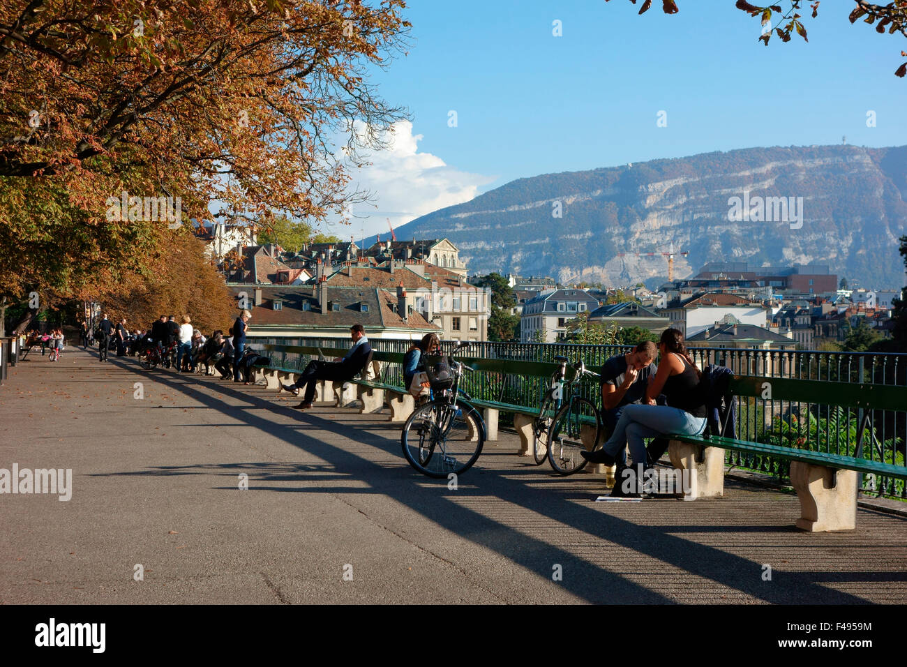 World’s longest bench (126m), Promenade de la Treille, Geneva, Switzerland Stock Photo
