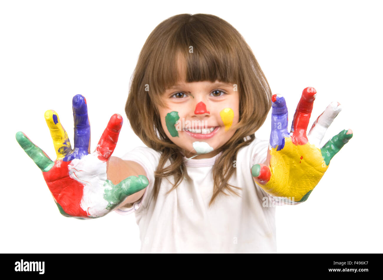 little beautiful girl and paint Stock Photo