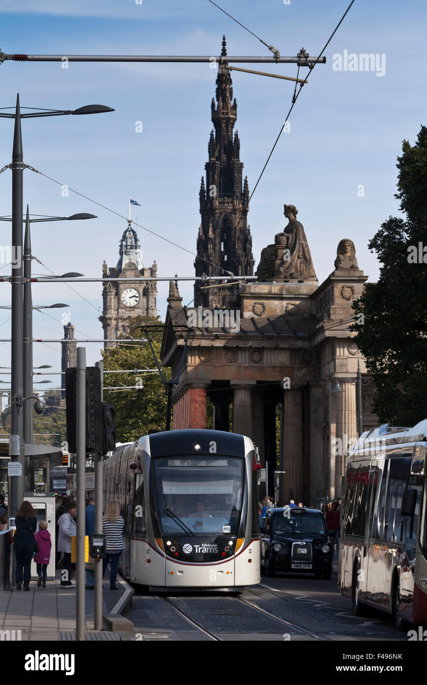 Edinburgh tram on Princes Street, with Scott Monument in background. Edinburgh, Scotland. Stock Photo