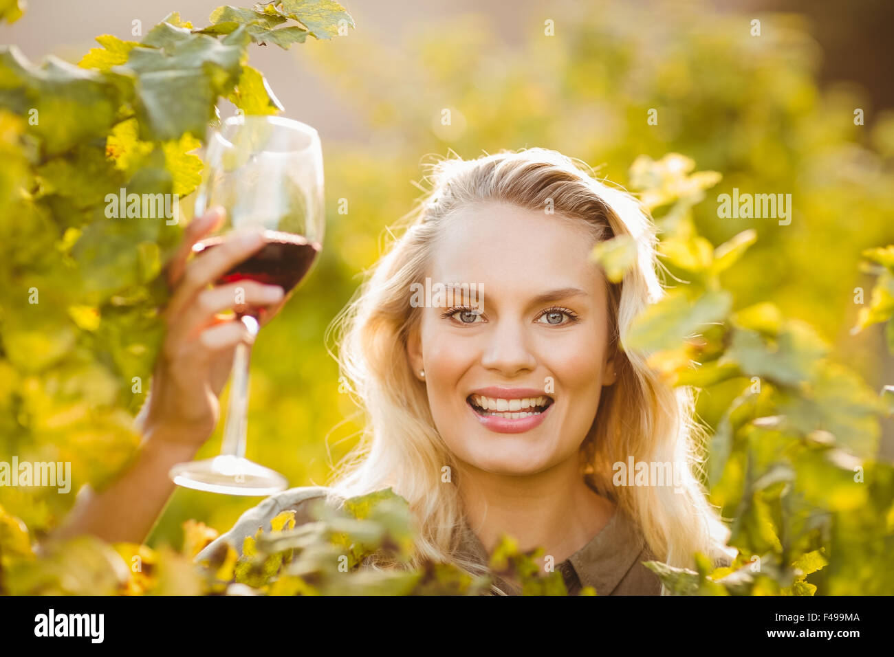 Young happy woman holding a glass of wine Stock Photo - Alamy