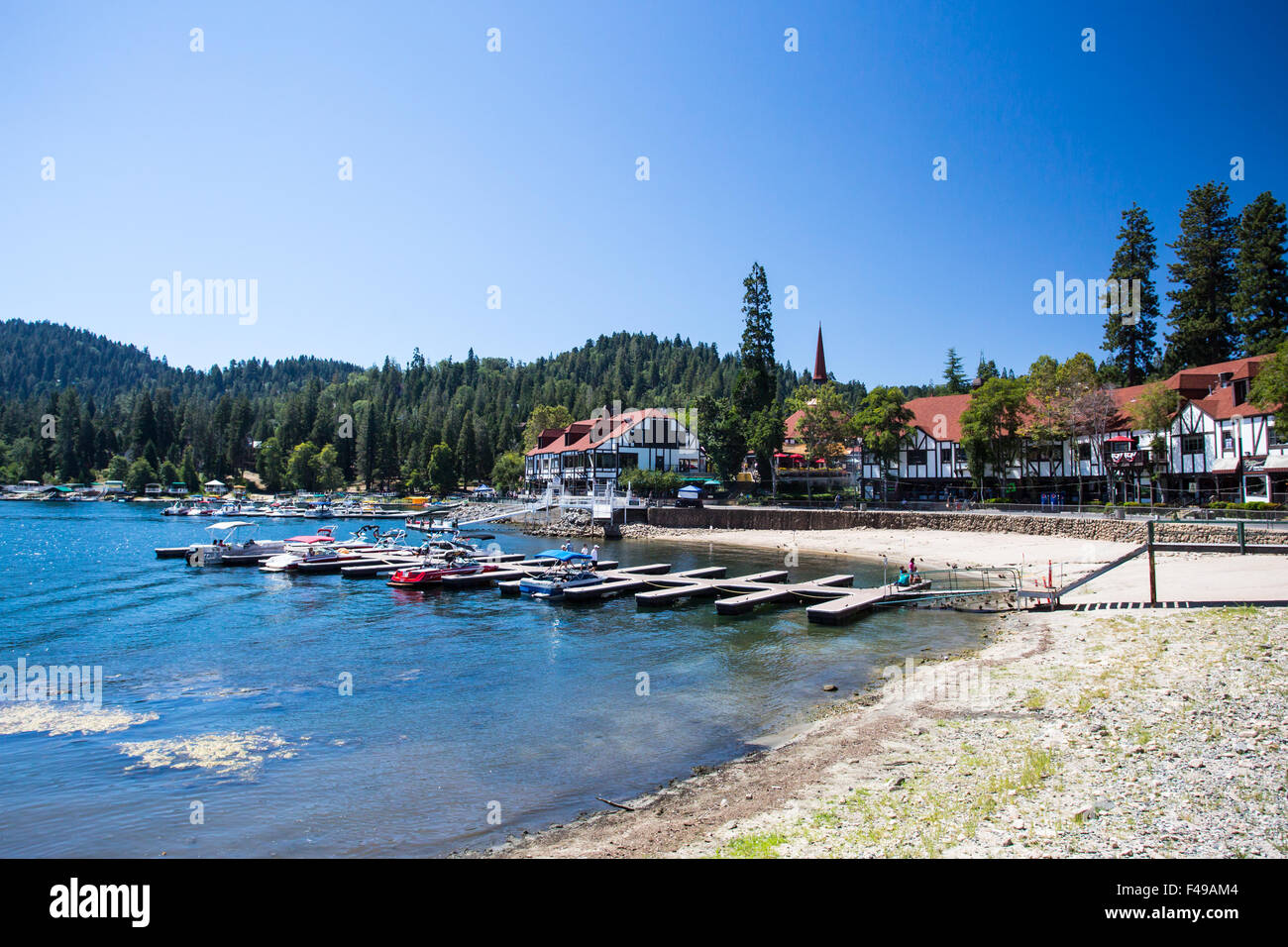 Lake Arrowhead with boats moored on a hot summer's day near Los Angeles