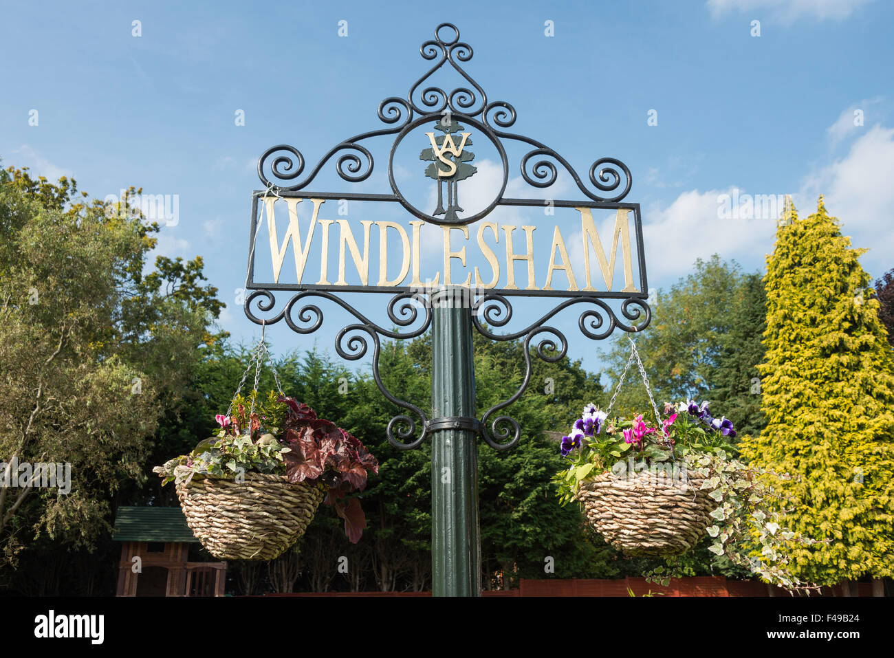 Windlesham village sign, Chertsey Road, Windlesham, Surrey, England, United Kingdom Stock Photo