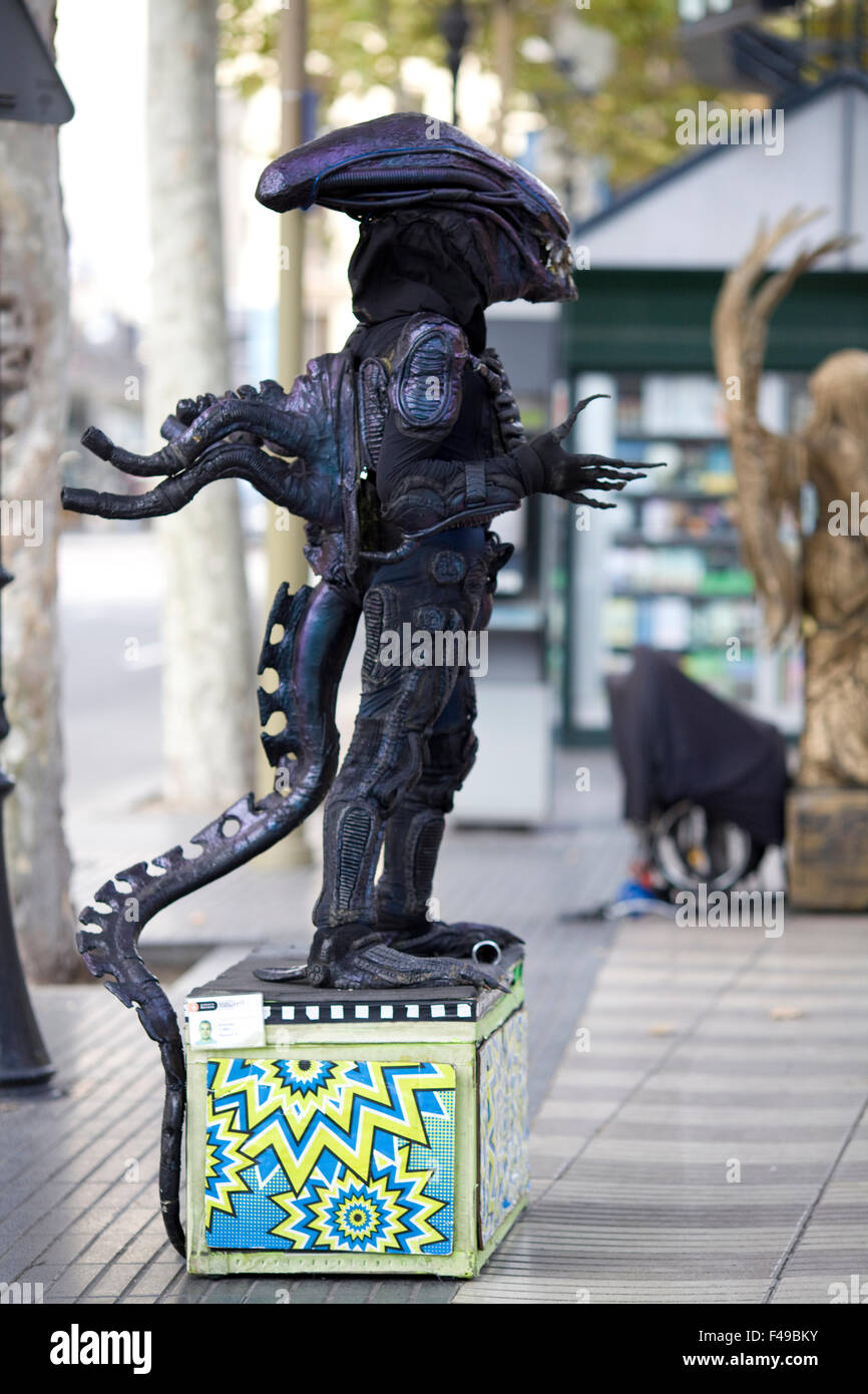 Living statue artist busking on the streets of Barcelona Spain Stock Photo