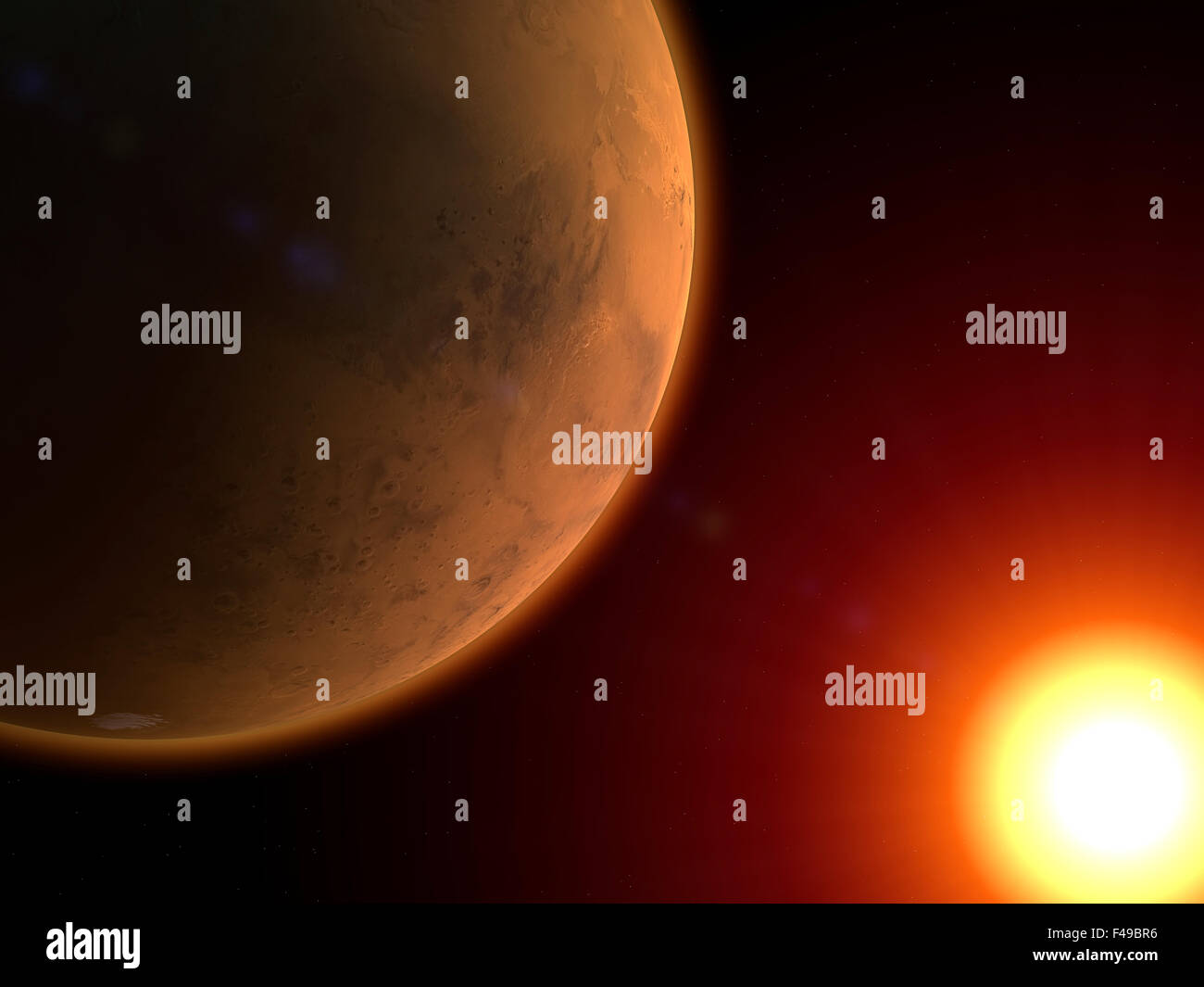 3d Illustration of Mars planet and sun in space Stock Photo