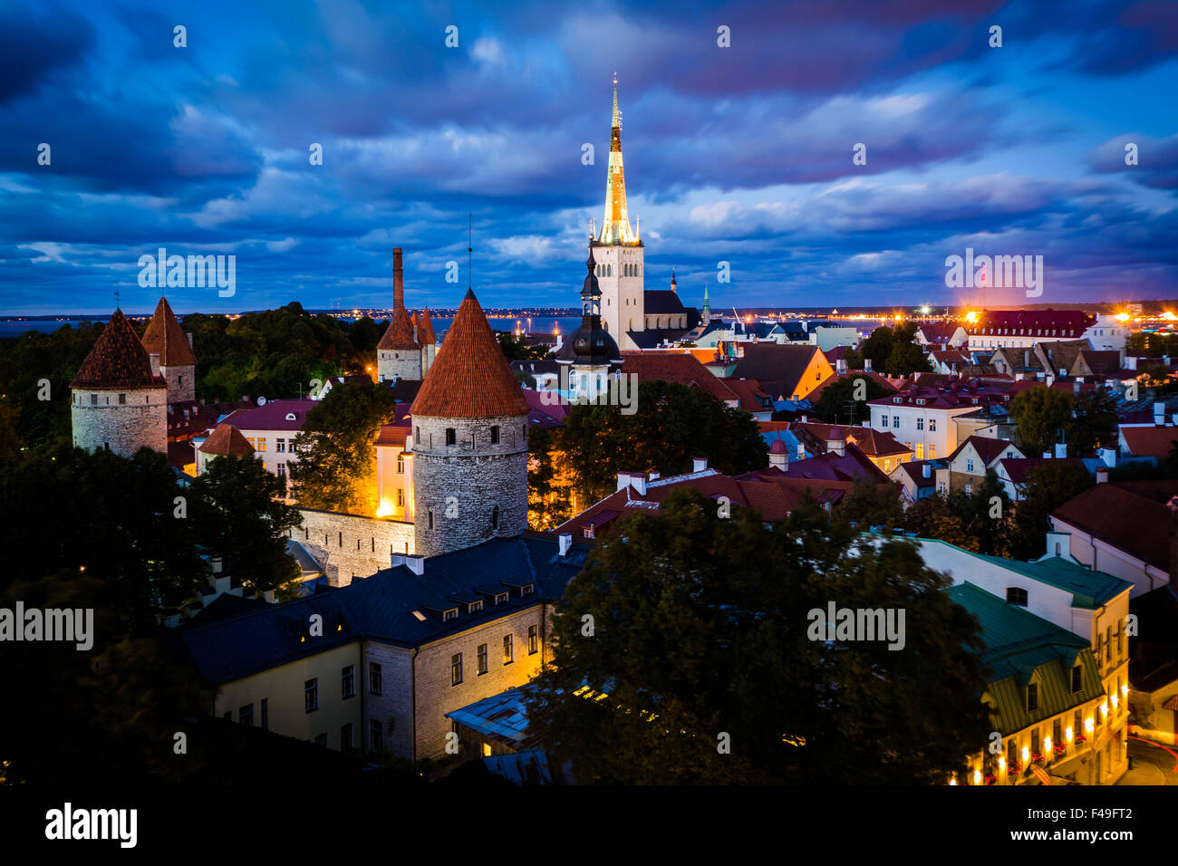 View of the Old Town at night, from Patkuli viewing platform on Toompea Hill, in Tallinn, Estonia. Stock Photo