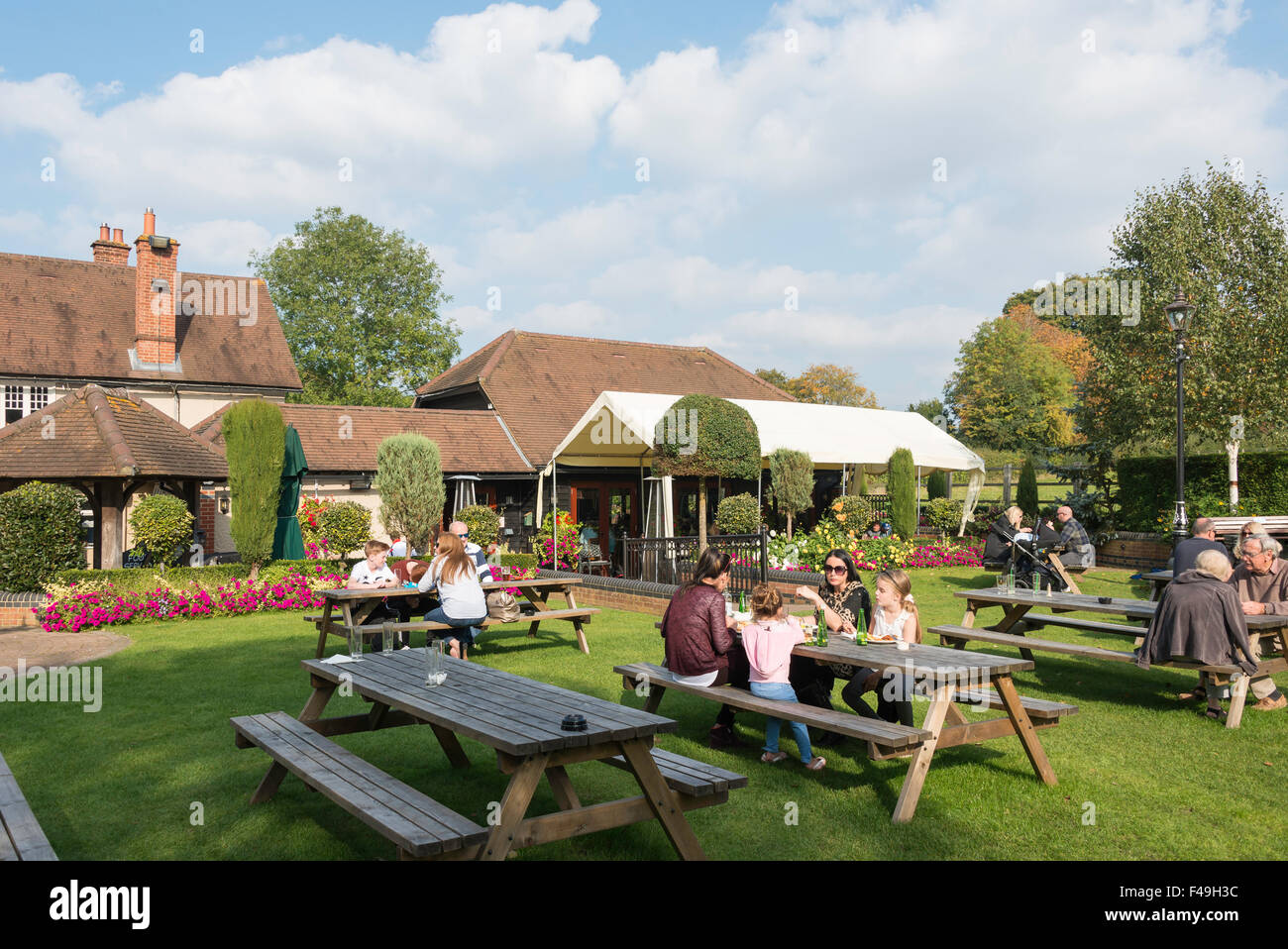 Beer garden at Half Moon Pub, Church Road, Windlesham, Surrey, England