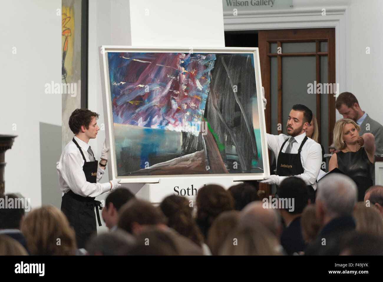 Sotheby’s, London, UK. 15th October, 2015. Gerhard Richter: Abstraktes Bild (oil on canvas) sells for £850,000 at the Contemporary Art Evening Auction, Sotheby’s in Bond Street, London. The evening sales total reached £76.8m. Credit:  artsimages/Alamy Live News Stock Photo