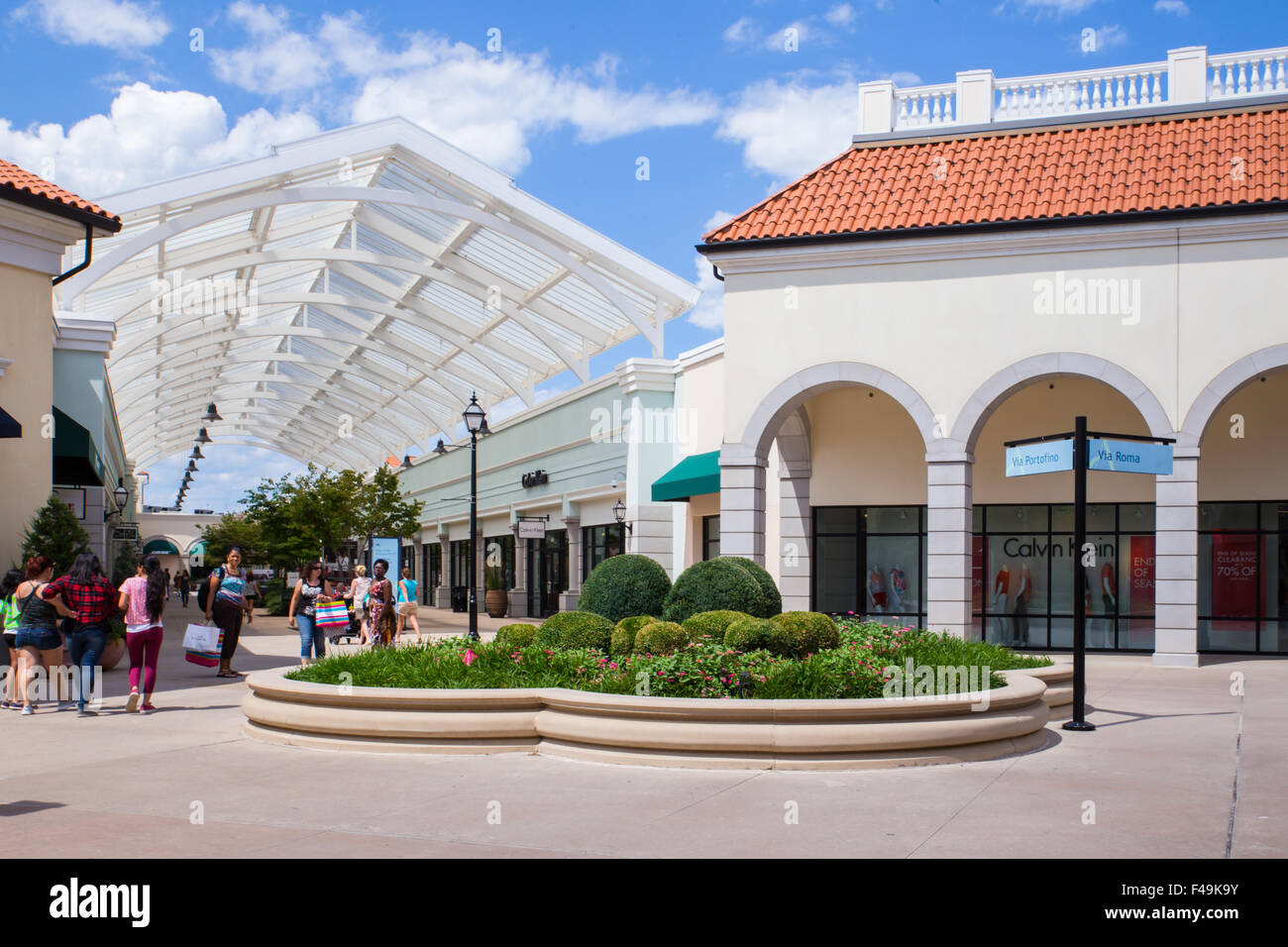 DEER PARK, NY - JULY 22, 2015: View of Tanger Factory Outlet outdoor shopping mall on Long Island, NY near the Calvin Klein Stor Stock Photo