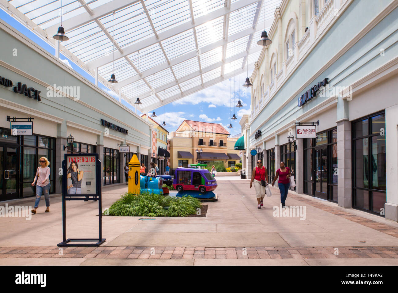 DEER PARK, NY - JULY 22, 2015: View of Tanger Factory Outlet outdoor shopping mall on Long Island, NY Stock Photo