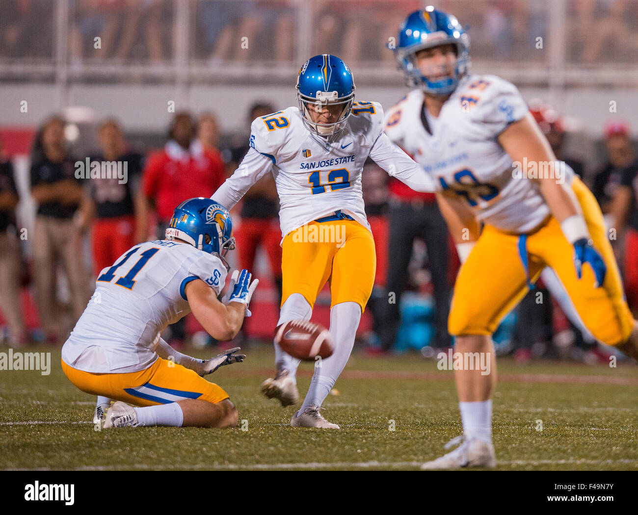 Las Vegas, NV, USA. 10th Oct, 2015. San Jose State kicker (12) Austin Lopez in action during the San Jose Spartans vs UNLV Rebels football game. San Jose State defeated UNLV 33-27 in overtime on Saturday, October 10, 2015 at Sam Boyd Stadium in Las Vegas, Nevada. (Mandatory Credit: Juan Lainez/MarinMedia.org/Cal Sport Media) (Complete photographer, and credit required) © csm/Alamy Live News Stock Photo