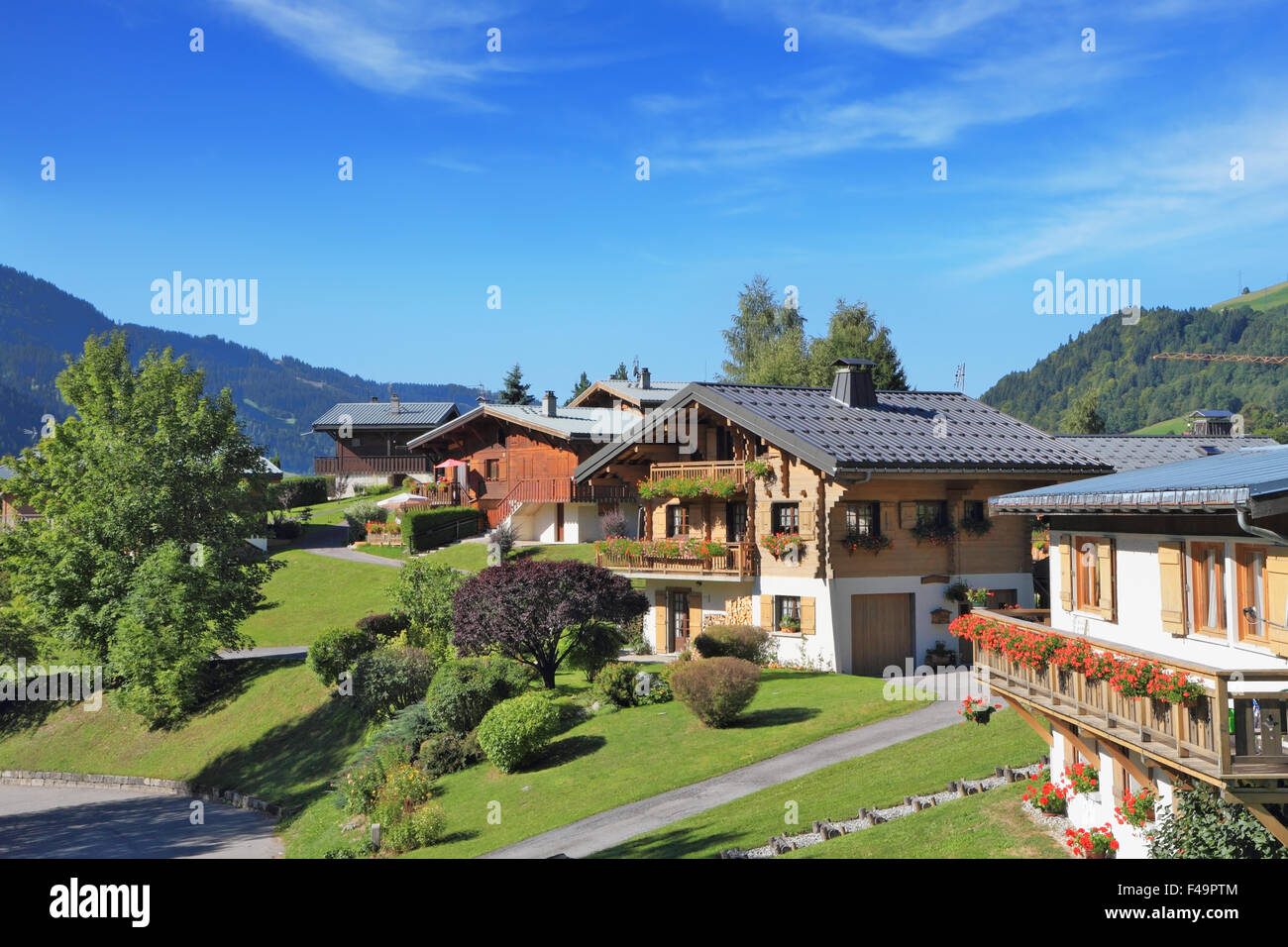 Green alpine meadows and chalets. Stock Photo