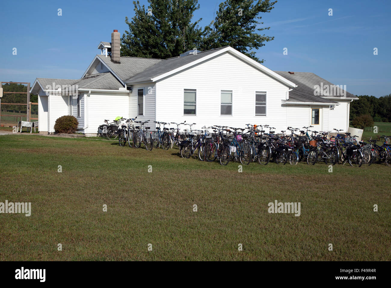 Amish School  with parked bicycles Indiana USA Stock Photo