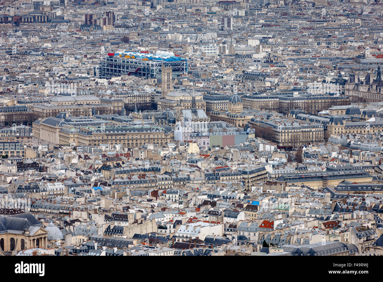 Paris aerial view, rooftops of the 4th arrondissement, Ile de la Cite, Tour Saint Jacques and Centre Georges Pompidou, France Stock Photo