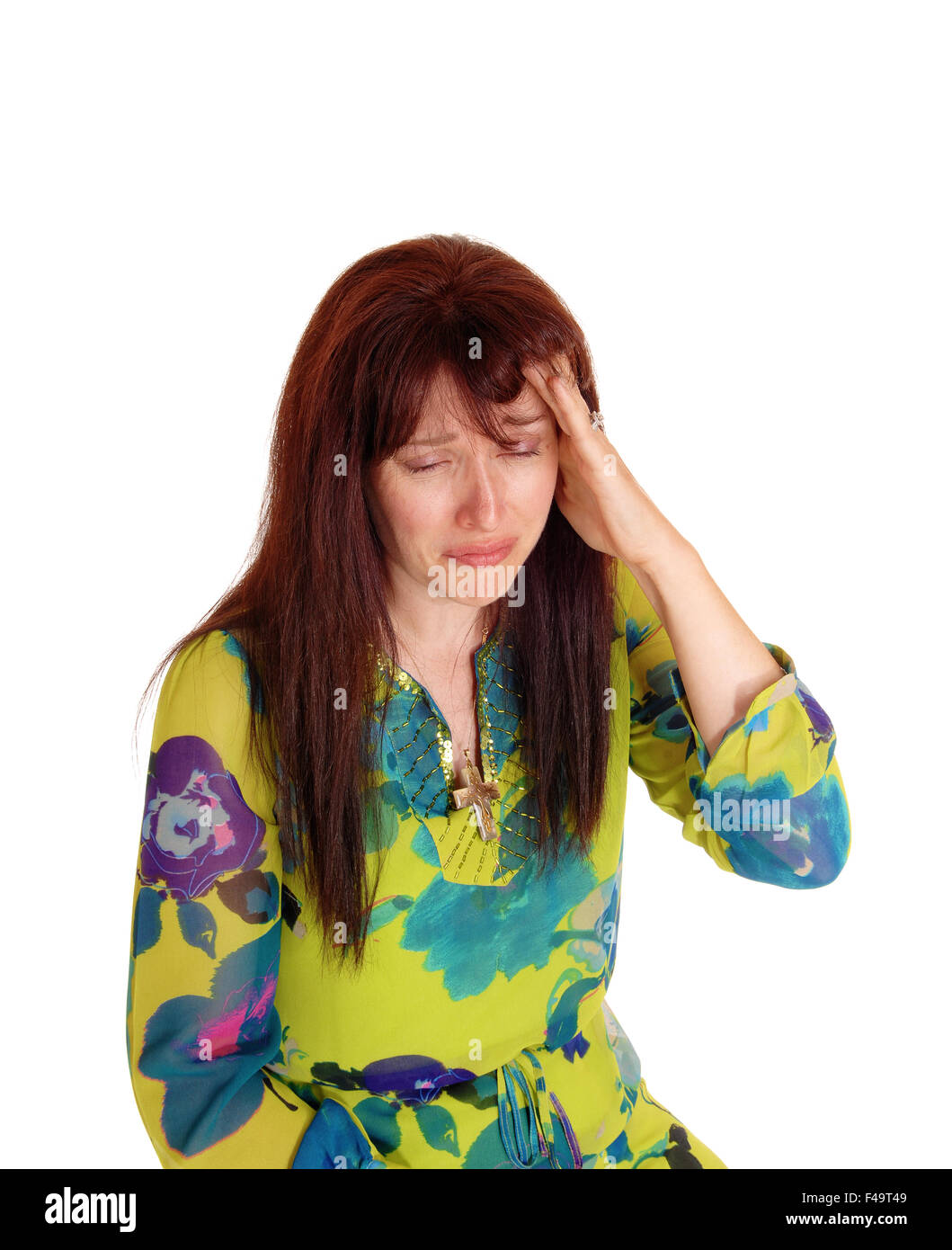 Crying woman with bad headache. Stock Photo