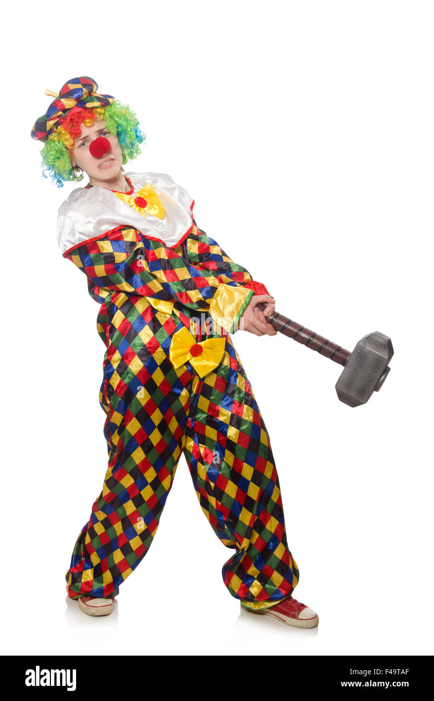 Clown with hammer isolated on white Stock Photo Alamy